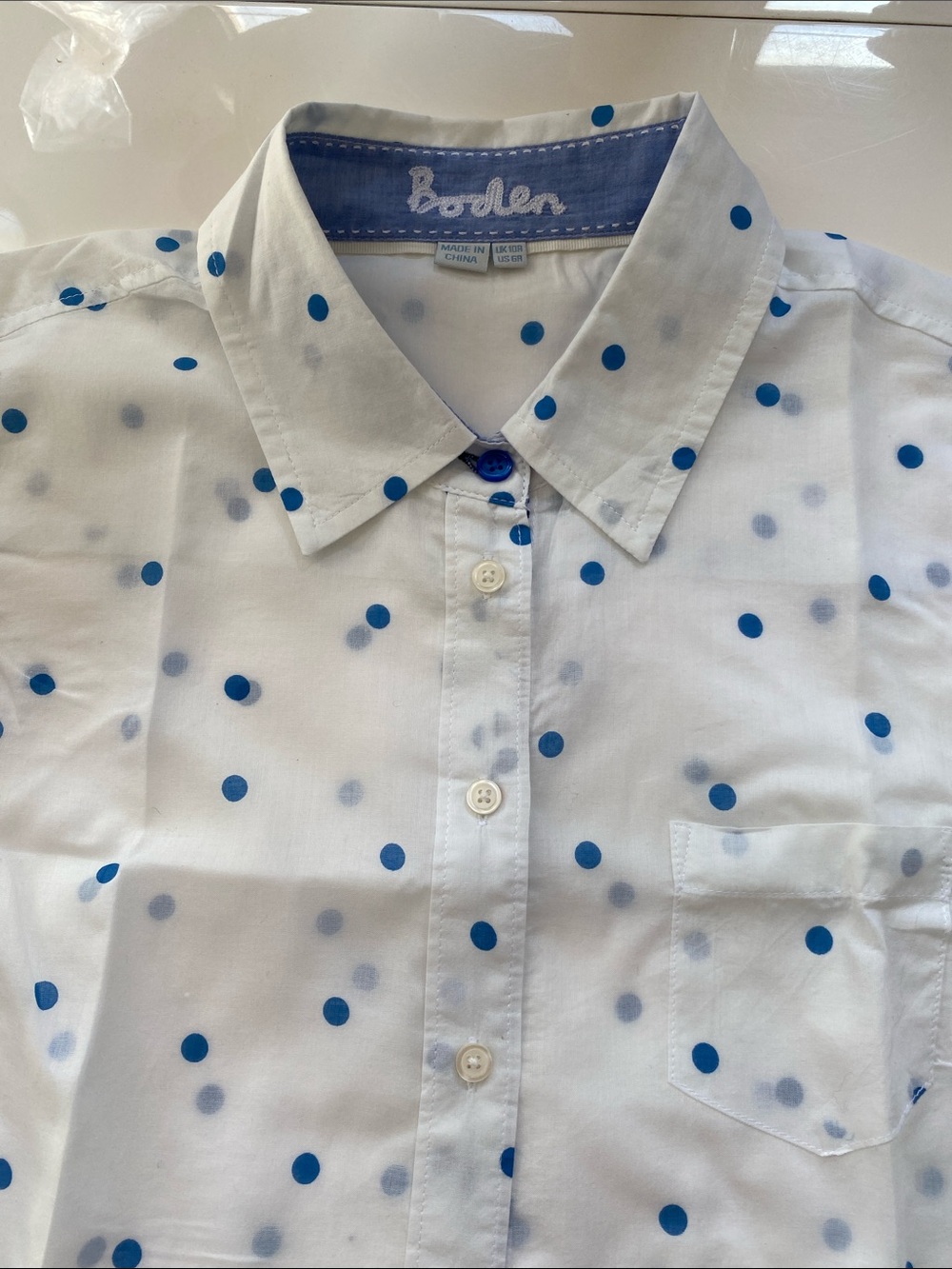 Boden light cotton voile White Button-Down Shirt with Bright Blue Polka Dots